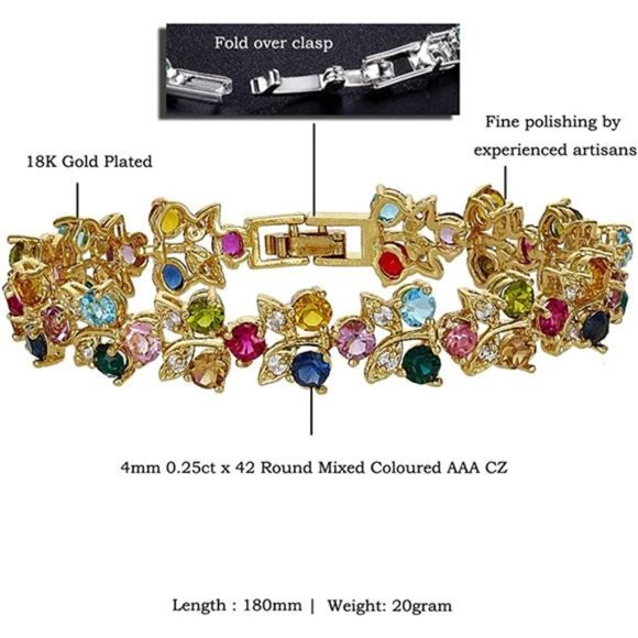 Multi-Color CZ Tennis Bracelet, Yellow Gold Plated, 7" - Picture 4 of 6